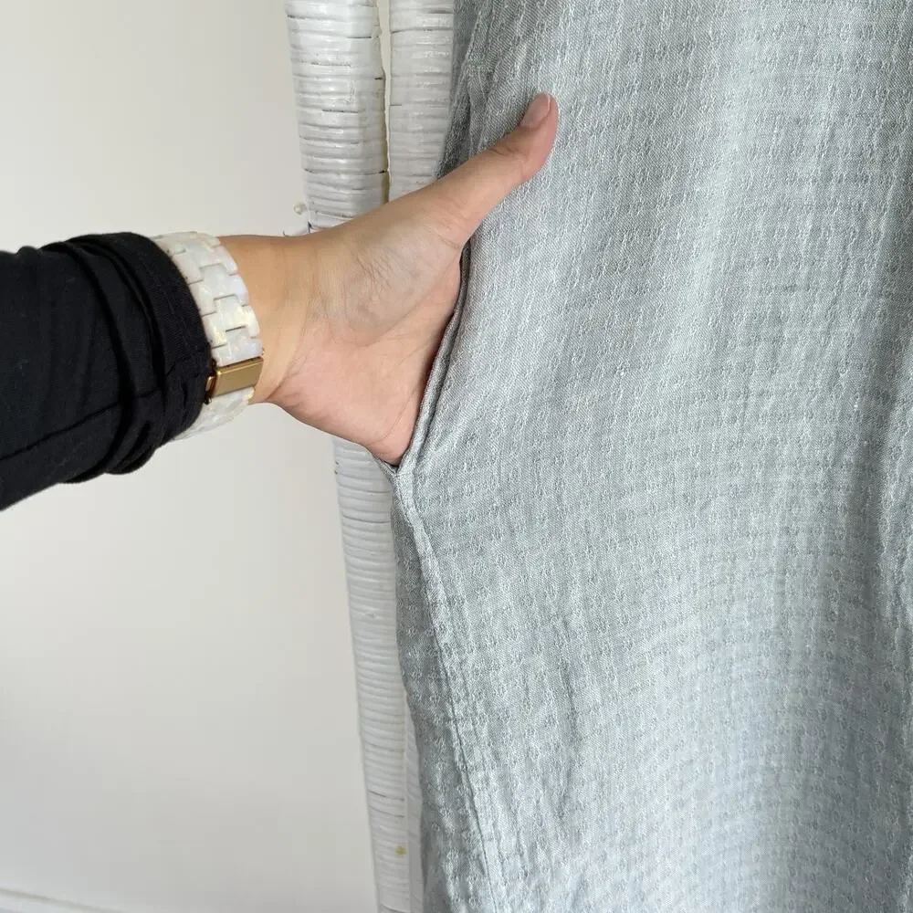 Artemesia Linen Collar Dress Large Gray Textured Crinkle Popover Pockets Midi - Picture 6 of 6